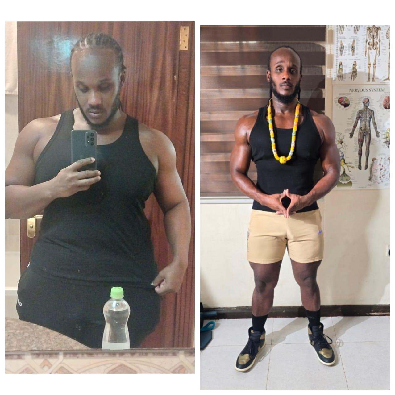 Health Elevation client weight loss transformation result — before and after photo showing significant progress